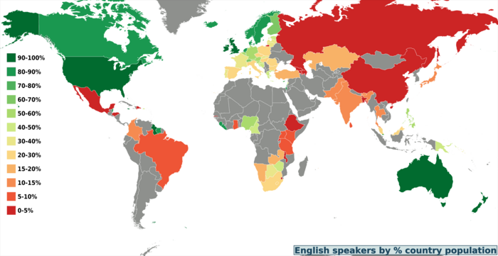 world map showing the percentage of English speakers in the respective country